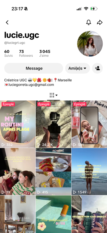 Profil TikTok @lucie.ugc : 73 abonnés, 3 045 j'aime